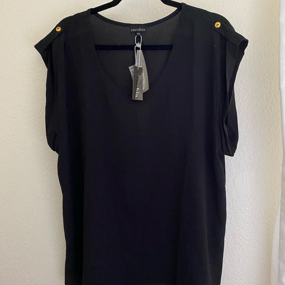 black short sleeve top with gold button detail